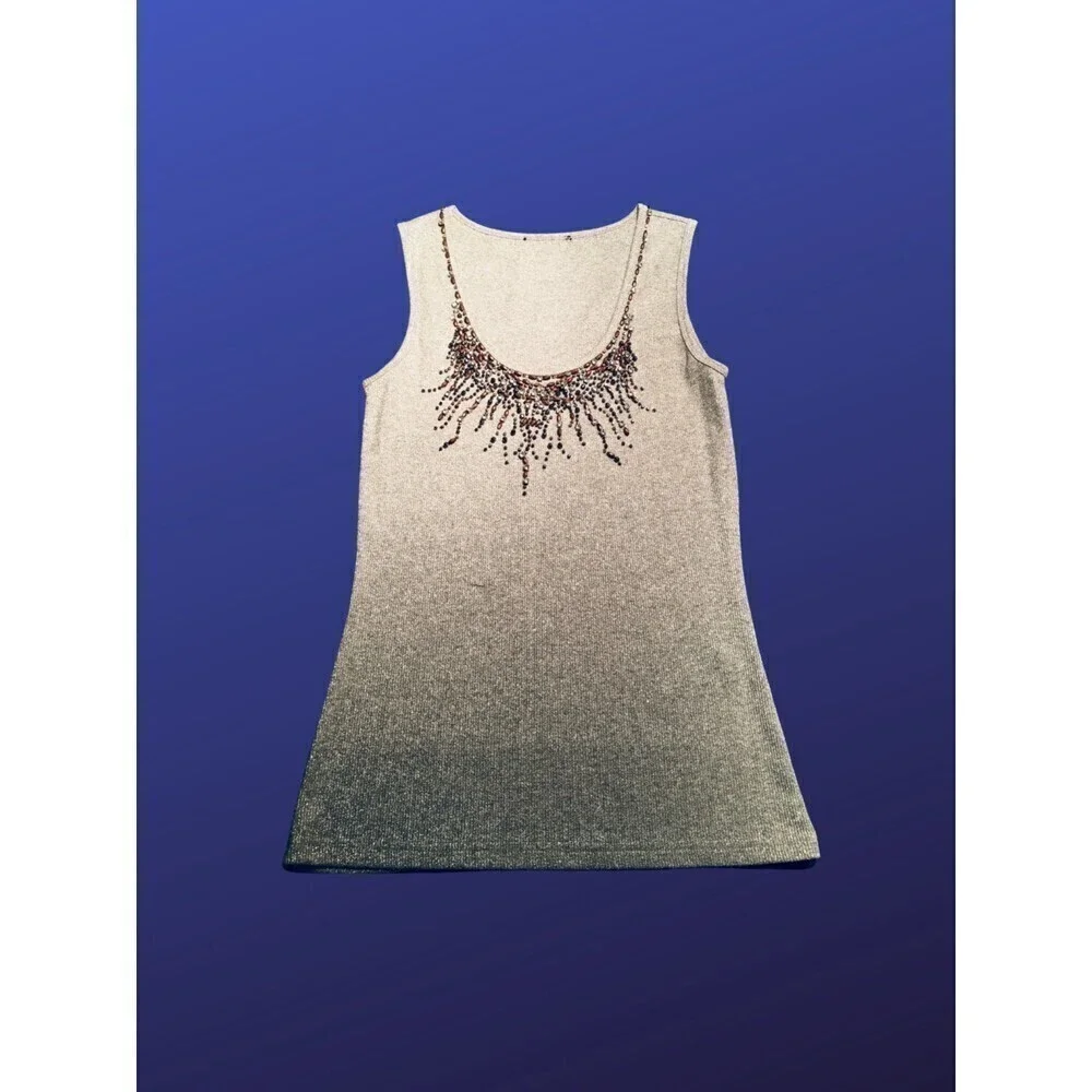 JON Tank Top, Beaded Metallic Sparkle Scoop Neck Shell, SILVER, Size Small, EUC
